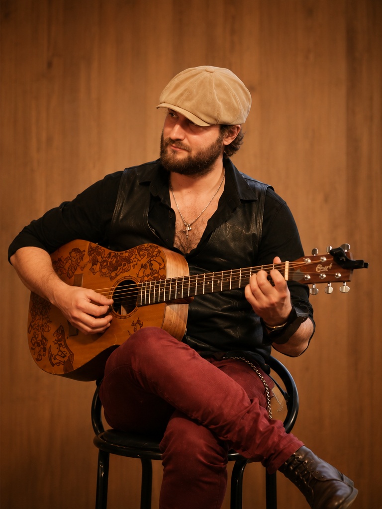 Jean-Michel assis sur un tabouret avec sa guitare devant un fond en bois